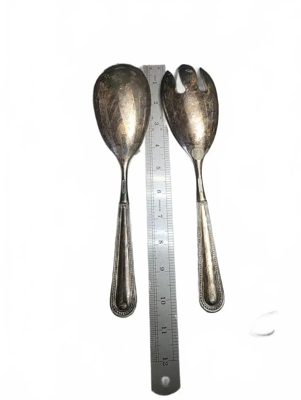 Vintage Godinger Silver Plated Salad Serving Set Spoon Fork Beaded Flutes Pearls